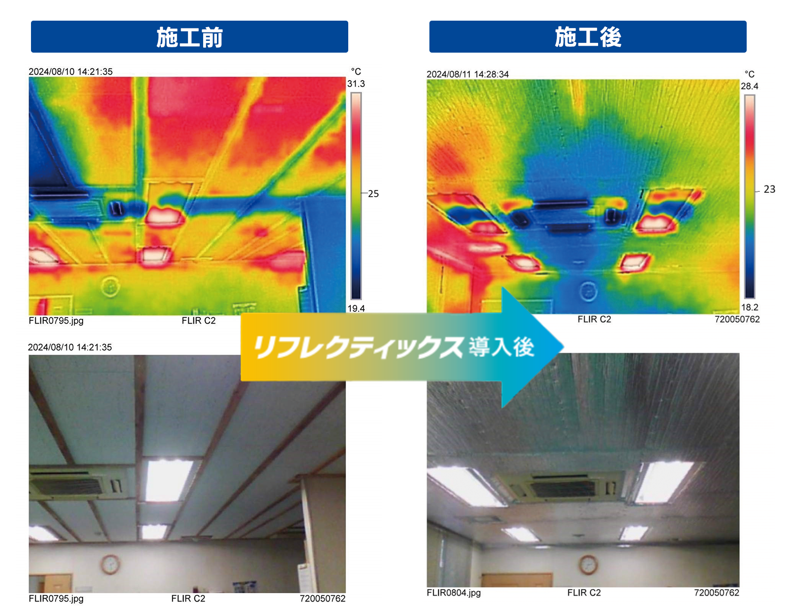 リフレクティックス施工前後の比較。左が施工前、右が施工後。